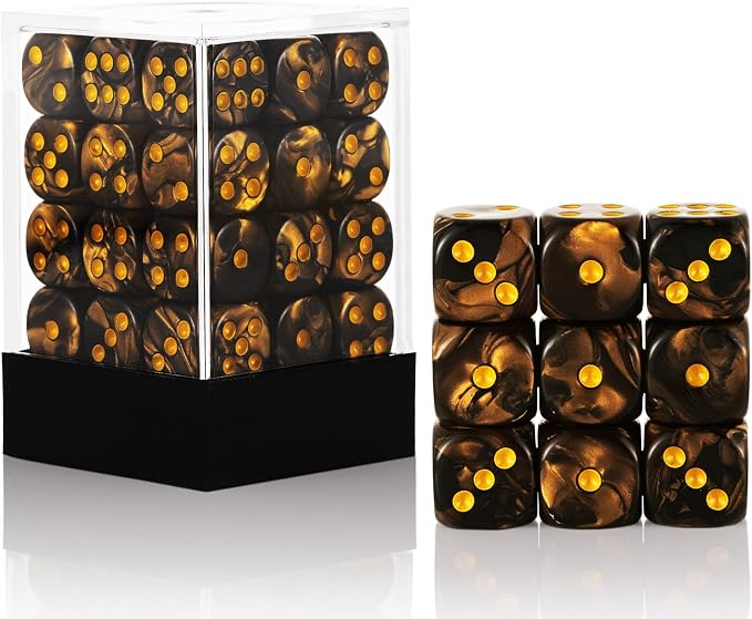 36 of Pack 12MM 6 Sided Dice Set,Two Colours D6 Game Dice Set, 6 Sided Standard Dices for Yahtzee, Bunco,with Portable Plastic Box(Golden+Black)