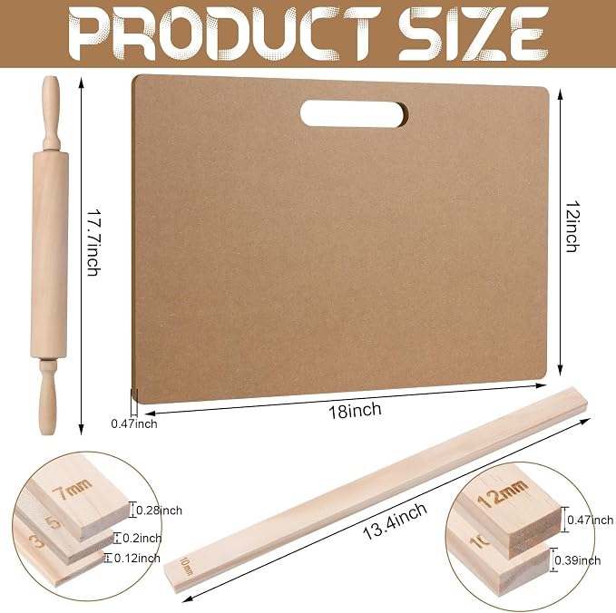 Newtay 12 Pcs Pottery Tools Include 1 Wood Rolling Pin Sculpting Polymer Clay Tools 1 Portable Wedging Board for Pottery with Built in Handle and 10 Pcs 5 Size Pottery Teaching Rolling Mud Stick Guide