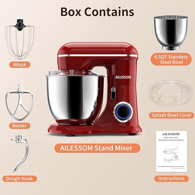 SAMSAIMO 3-IN-1 Electric Stand Mixer, 10-Speed With Pulse Button, Attachments include 6.5QT Bowl, Dough Hook, Beater, Whisk for Most Home Cooks (Empire Red)