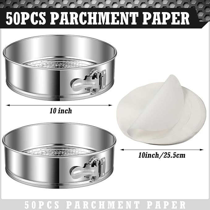 Pickmesh 2 Pack 10 Inch Springform Pans for Baking, Nonstick Round Cheesecake Pans Leakproof Stainless Steel with Removable Bottom with 50 Parchment Paper