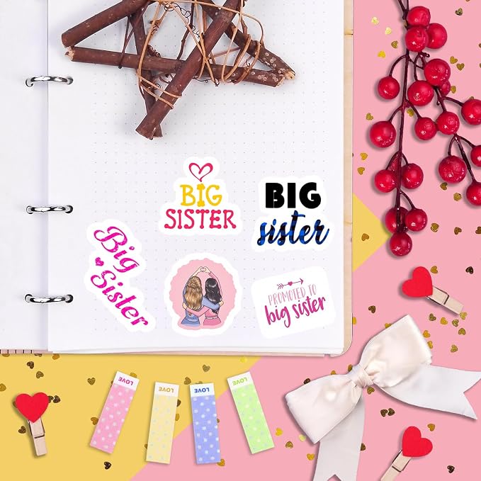 100Pcs Big Sister Stickers for Water Bottle and Laptop - Big Sister Party Supplies & Decorations, Waterproof Vinyl Decals, Sibling and Family Stickers, Gifts for Women & Men