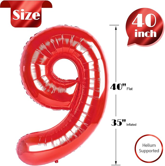 Red Number 9 Balloon 40 Inch, 9th Birthday Party Decorations for Children, Giant 9 Foil Balloon for Party Supplies