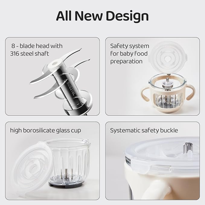 Baby Food Maker Set with 316 Steel Blades & Glass Bowl, White Baby Food Blender with A Feeding Spoon, A Bib, 4 Separate Food Ice Cube Trays and Two 7oz Food Storage