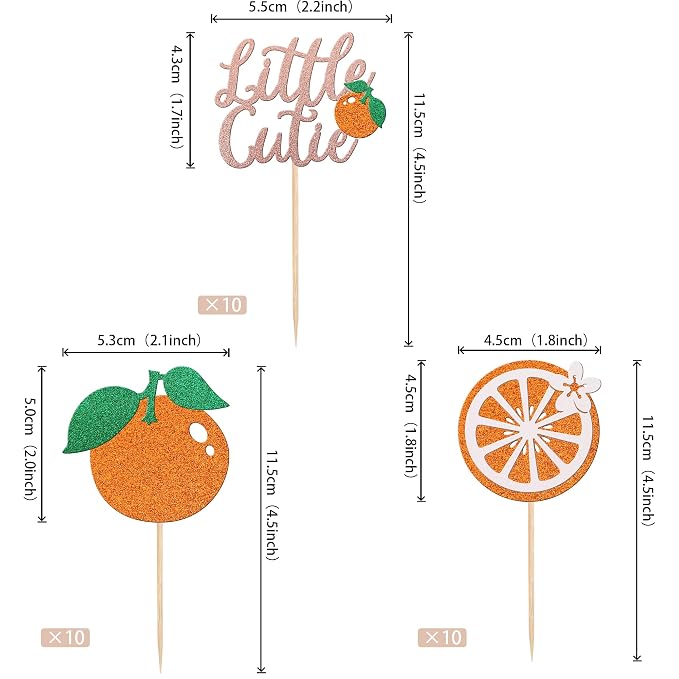 30 PCS Little Cutie Cupcake Toppers Glitter Fruit Theme Orange Cupcake Picks Citrus Cupcake Decoration for Baby Shower Kids Boys Girls Birthday Party Cake Decorations Supplies Rose Gold