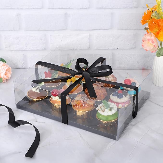 EUSOAR Black Cupcake Boxes, 6 Pack 12 Count Bakery Take out Containers Rectangle Muffins Holder with Ribbons, Assembly Cupcake Carrier Clear Mini Cake Wrappers Holder for Wedding Birthday Favors