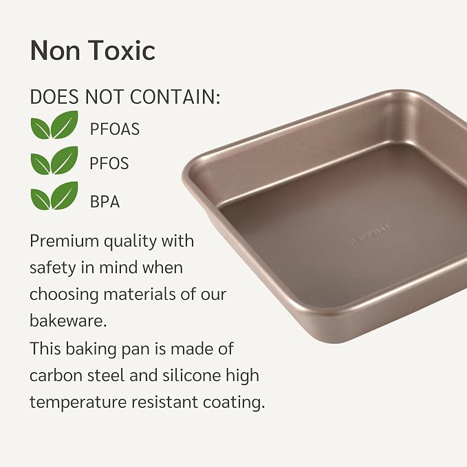 HAPPIELS 9x9in Square Baking Pan Nonstick for Oven Baking, PFOA & BPA Free | Non Toxic 9 x 9 Inch Cake & Brownie Pan | Best Nontoxic Square 9x9 inches Pans Non Stick| Carbon Steel Gold bakeware