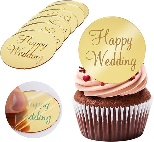 20Pcs Gold Acrylic Wedding Cupcake Toppers Mirror Happy Wedding Cake Toppers for Engagement Party Cake Decorations Round Tags Reusable Acrylic Decorations Flower Decor for Cakes Gift Boxes DIY Crafts