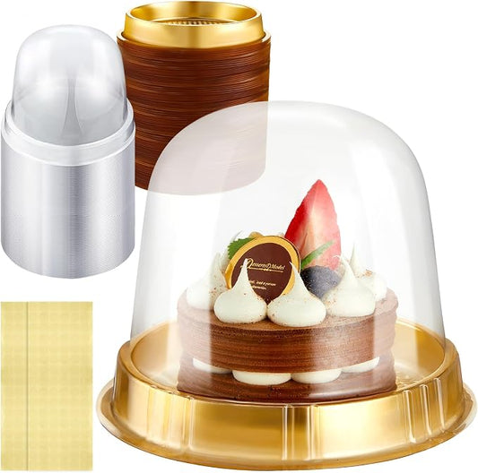 Mimorou Individual Cupcake Boxes Clear Plastic Cupcake Containers Disposable Single Holder with Lid Tall Cake Carrier 5.3 Inch Diameter 4.3 Inch Height with Stickers for Wedding(Gold,50pcs)