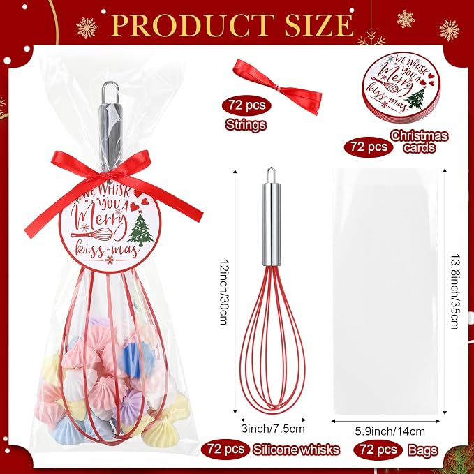 FoldTier 72 Sets 12 Inch Christmas Whisks Gifts DIY Fillable Christmas Tree Ornaments Xmas Colored Silicone Whisks for Cooking Heat Resistant Egg Beaters with Card Rope Bag for Candy Holder