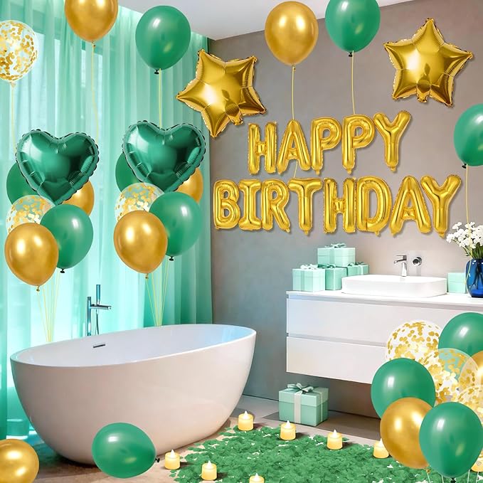 Green Gold Happy Birthday Balloons Decorations Gold Green Birthday Balloon Letters Banner with Star Heart Balloons 1000 Pcs Artificial Rose Petals 24 Flameless LED Candles for Birthday Party Supplies