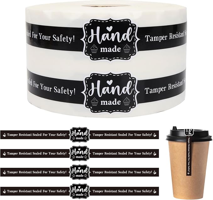 400 PCS Food Retail Package Seal Stickers 9 x 1 Inch Hand Made Sticker Self-Adhesive Roll up Tamper Evident Lids Stickers Tamper Resistant Labels for Handmade Crafted Baking Black