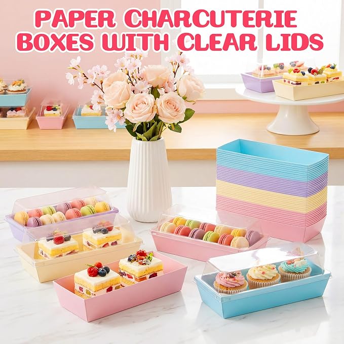 Vesici 200 Pcs 7 Inch Small Charcuterie Boxes with Clear Lids Cake Slice Containers Paper Bakery Boxes Disposable Food Containers for Dessert Cookie Sandwich Mini Cake Strawberry