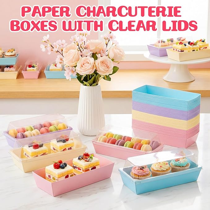 Vesici 100 Pcs 7 Inch Small Charcuterie Boxes with Clear Lids Cake Slice Containers Paper Bakery Boxes Disposable Food Containers for Dessert Cookie Sandwich Mini Cake Strawberry