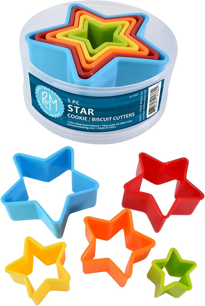 R&M International Star Cookie and Biscuit Cutters, Assorted Sizes, Bright Colors, 5-Piece Set