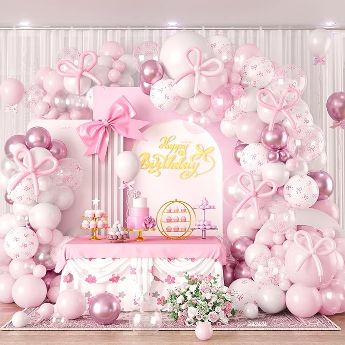 Bow Balloon Arch Kit, Pastel Baby Pink White Clear Bow Birthday Balloons for Princess Women Girl Pink Birthday Party Baby Shower Bachelorette Bridal Engagement Decorations