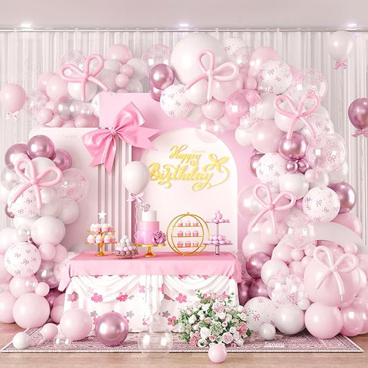 Bow Balloon Arch Kit, Pastel Baby Pink White Clear Bow Birthday Balloons for Princess Women Girl Pink Birthday Party Baby Shower Bachelorette Bridal Engagement Decorations