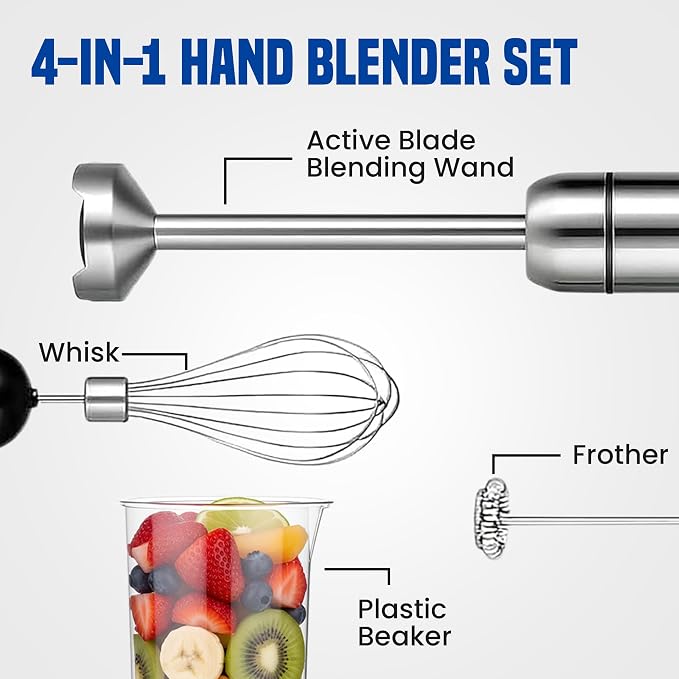 TEGH 4-in-1 Immersion Hand Blender Set - 800W Powerful Stainless Steel Stick Blender with Whisk, Chopper and Beaker - 8-Speed Handheld Blender for Smoothies, Soup, Baby Food and Puree