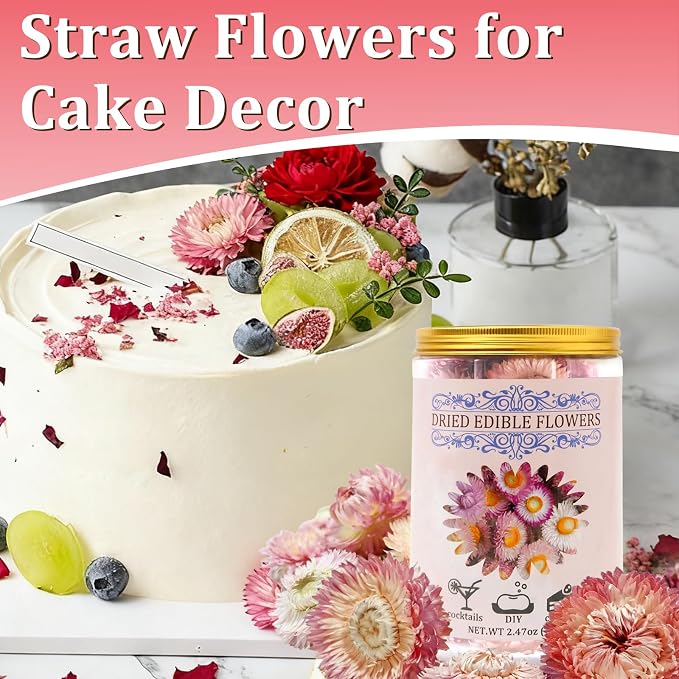 90+ Food Grade Pink Flowers for Cake and Cocktails Decorating – Culinary-Grade Dried Pink & White Strawflowers for Garnish, Baking, and Drink Toppers