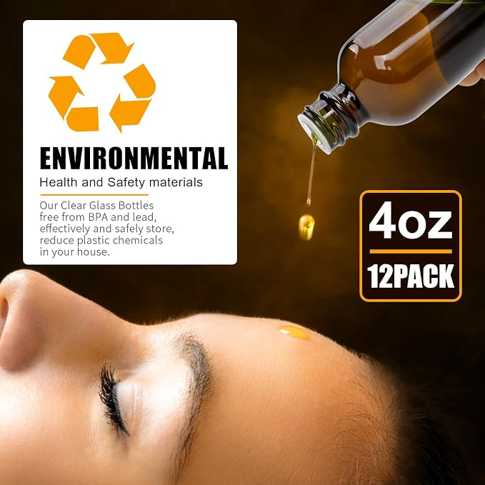 YINGERHUAN 4 oz Amber Glass Bottles - Small Glass Jars with Black Lids Empty Boston Bottle,Dispensing Bottles for Homemade Vanilla Extract, Essential Oils, Herbal Medicine (6)