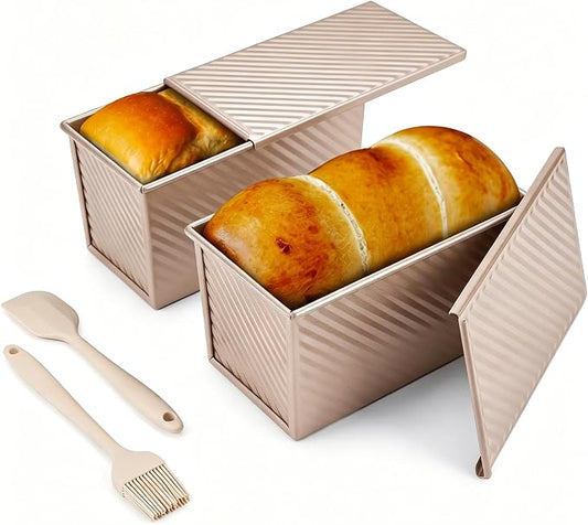 CARTMAN Bread Loaf Pan 2 Pack, 8x4 Pullman Loaf Pan with lid and a Silicone Spatula and Basting Pastry Brush, 1 lb Dough Capacity,Non-Stick Carbon Steel bread pans for homemade bread Champagne Gold