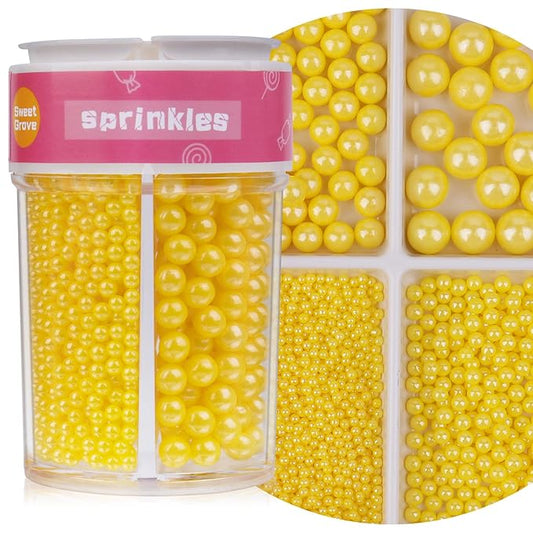 Yellow Sprinkles for Cake Decorating, 7.8oz Edible Pearl Sprinkles, Sugar Candy Pearls for Baking, Cookie Decorations & Cupcake Topper, Wedding Party Christmas Supplies (Lemon Yellow, 4 Sizes)