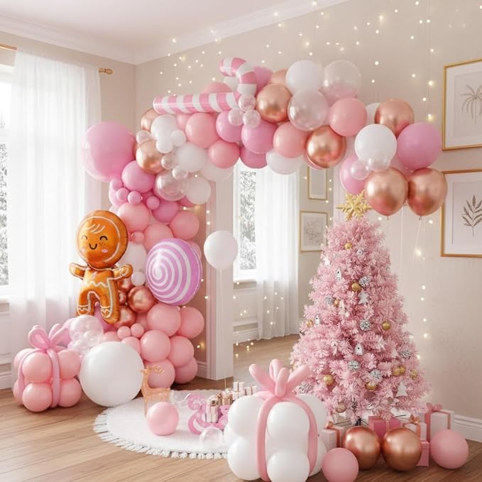 Pink Christmas Balloon Arch Kit, Pearl White Pink Rose Gold Balloons with Lollipop Candy Crutch Gingerbread Man Foil Balloons for Xmas Holiday Winter Birthday New Year Party Decorations