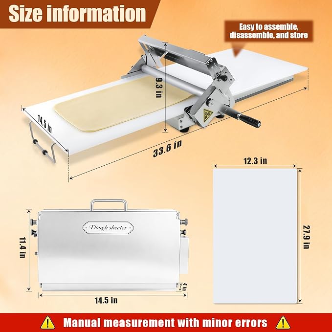 12in Manual Dough Sheeter, Stainless Steel Tabletop Dough Roller Machine, Adjustable Thickness Pastry Sheeter for Pizza, Croissant, Puff Pastry, Fondant and Home Baking