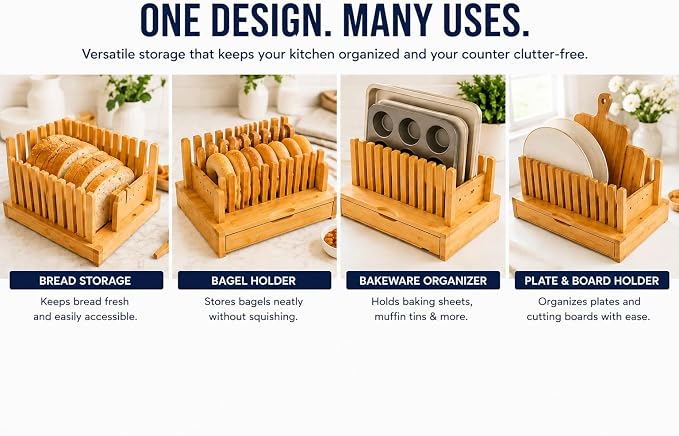 Bamboo Bread Slicer with Crumb Catcher Tray, Adjustable Slicing Guide and Knife Storage Drawer - Even Slice Loaf Cutter