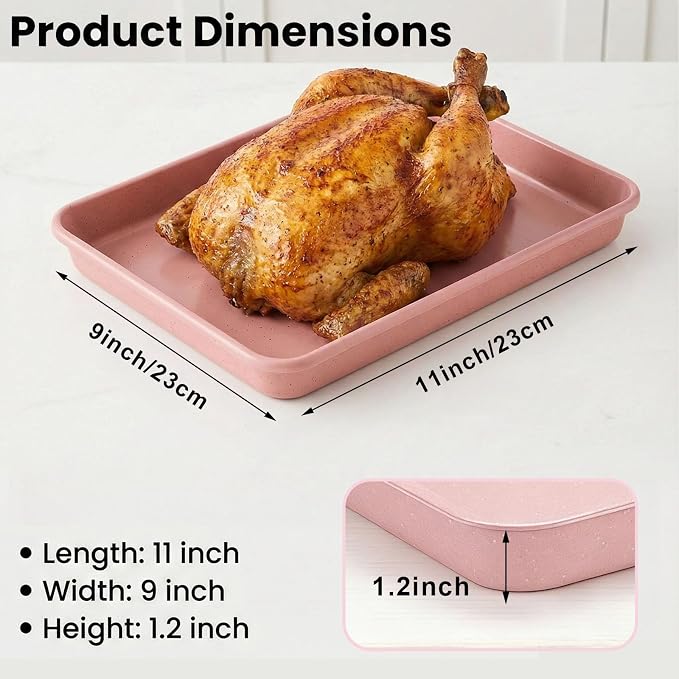 Toaster Oven Baking Pans Set of 3, Small 11x9 Inch Pink Nonstick Sheet Pans for Compact Ovens, Quarter Sheet Size for Roasting Vegetables, Brownies & Small Batch Cooking