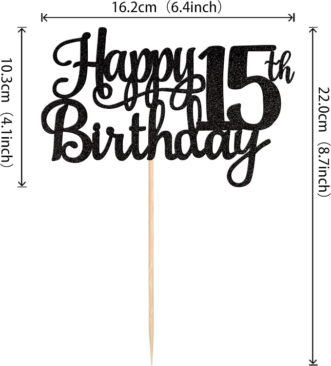 1 PCS Happy 15th Birthday Cake Topper Glitter Cheers to 15 Years Birthday Cake Pick Mis Quince 15 Fabulous Cake Decoration for Happy 15th Birthday Theme Party Decorations Supplies Black