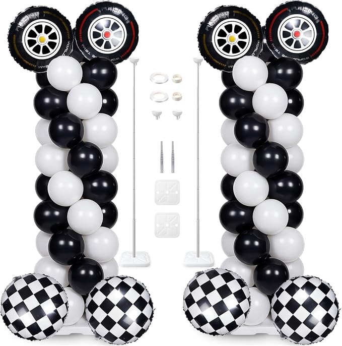 Skylety 2 Sets Race Car Balloon Column Stand Kit Adjustable Race Car Black White Balloon Stand with Bases for Birthday Wedding Anniversary Graduation Party Baby Shower Decorations Supplies