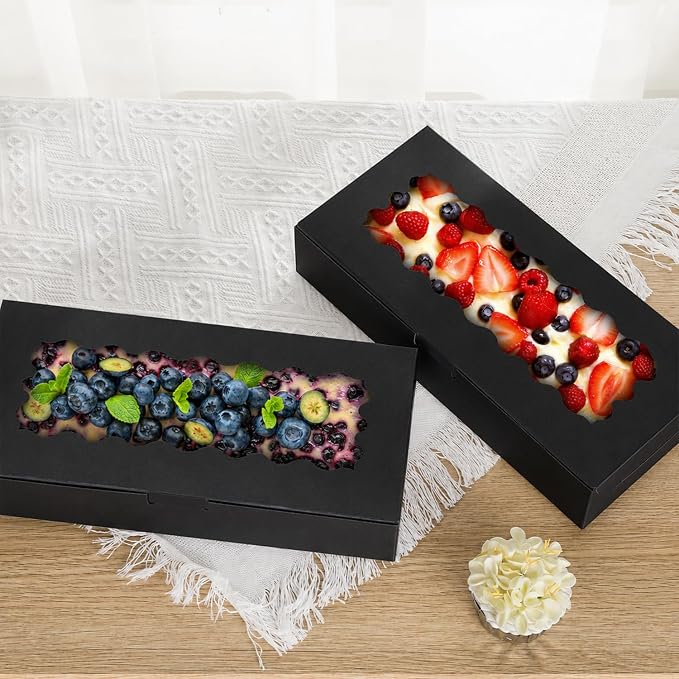 50 pcs Black Cookie Box,12x5.5x2.5 Inch Bakery Boxes with Window Pies Chocolate Strawberries Muffins Biscuit Pastry Dessert Box For Packaging