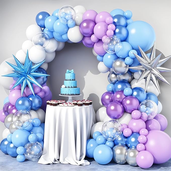 Snow Balloon Garland Arch Kit with Star Foil Balloons, Snow Birthday Party Supplies, Blue Purple White Snowflake Balloons Arch Kit for Princess Winter Wonderland Girl Baby Party Decorations