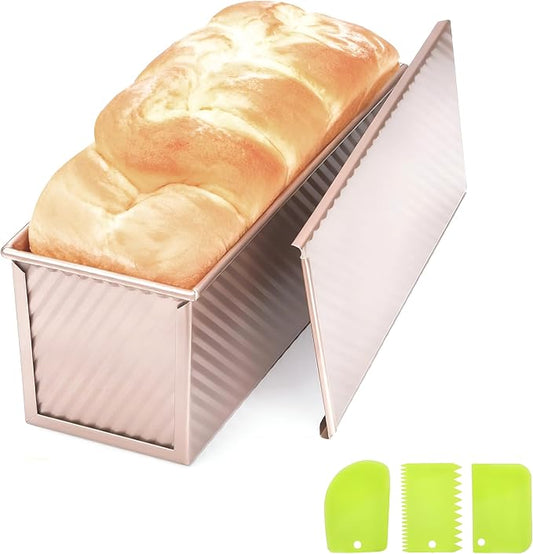 Pullman Loaf Pan with Lid, 2.2Lb 12.5 x 4.6 inch Carbon Steel Bread Pan for Shokupan Japanese Milk Bread, Non-Stick PFOA-Free Silicone Coating, Pain de Mie Sandwich Loaf Tin with 3 Scrapers