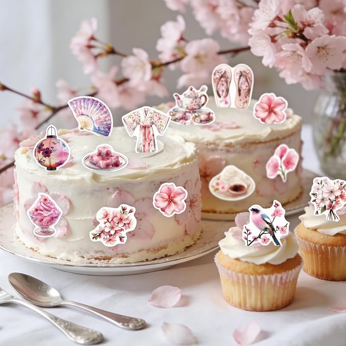 56PCS Edible Cherry Blossoms Cupcake Toppers Japanese Edible Cherry Flowers Tree Cake Picks Wafer Paper Cherry Cupcake Decors for Cherry Theme Party Cake Supplies