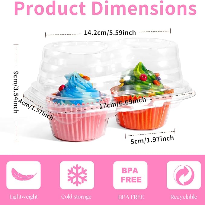 50 Pcs 2 Compartment Cupcake Containers with 150 Pcs Mini Baking Cups,2 Cavity Cupcake Boxes, Stackable Deep Dome Cupcakes Carrier Holder with Lid for Cupcakes Pies Muffins, BPA-Free