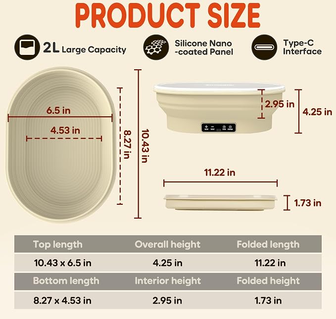 Upgraded Electric Heated Silicone Dough Proofing Box with Reliable Timer & Precise Temp Control - Fast Fermentation Collapsible Proofer Bowl(2L,Oval)
