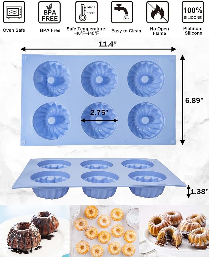 LGQUK Jello Mold, 3pcs Silicone Fluted Tube Cake Pans, 6-Cavity Non Stick Silicone Baking Molds for Cupcake, Donuts,Muffin, Cornbread, Brownie, Jellies (Blue, Fluted Tube)