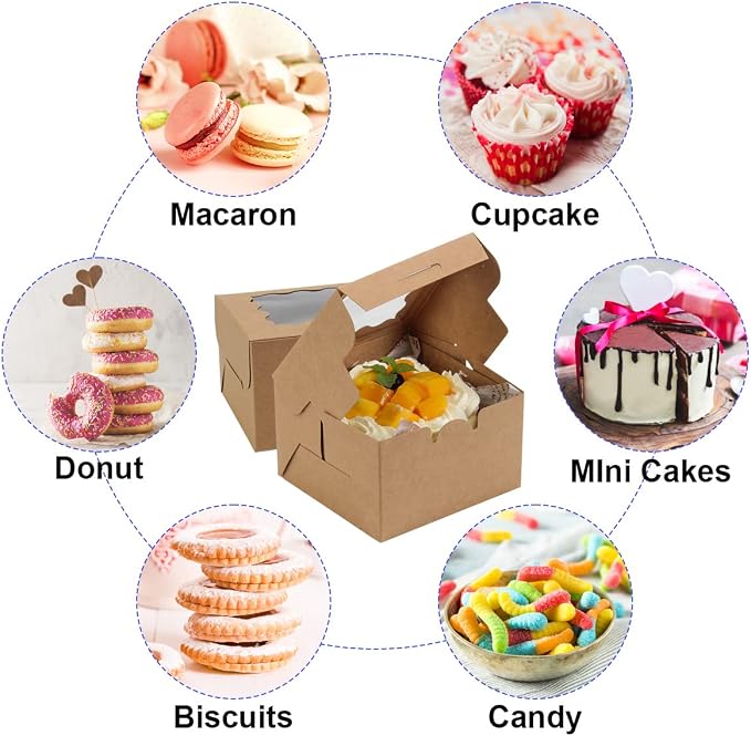OAMCEG 100 PCS Bakery Boxes with Window and Stickers - 4x4x2.5 Inch Individual Cupcake, Pastry, Cookie, Small Cake Boxes - Carrier Holders & Containers for Mini Dessert Packaging