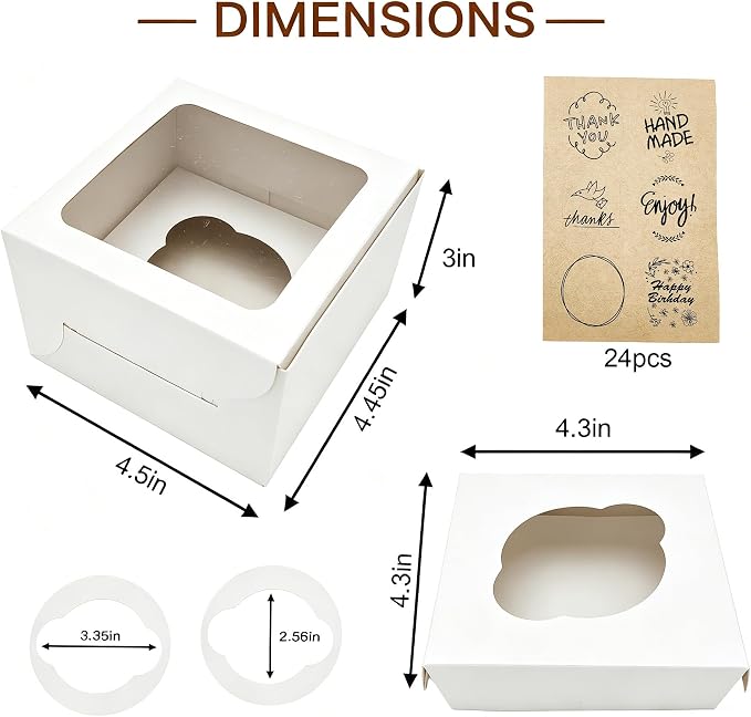 Jotique Cupcake Boxes with Window, 20 Sets 4.5x4.5x3 Inch White Paper Bakery Boxes for Single Cupcake, Cookies and Muffins, Sturdy Disposable Treat Boxes for Individual Pastry, Baked Good, Gift Giving
