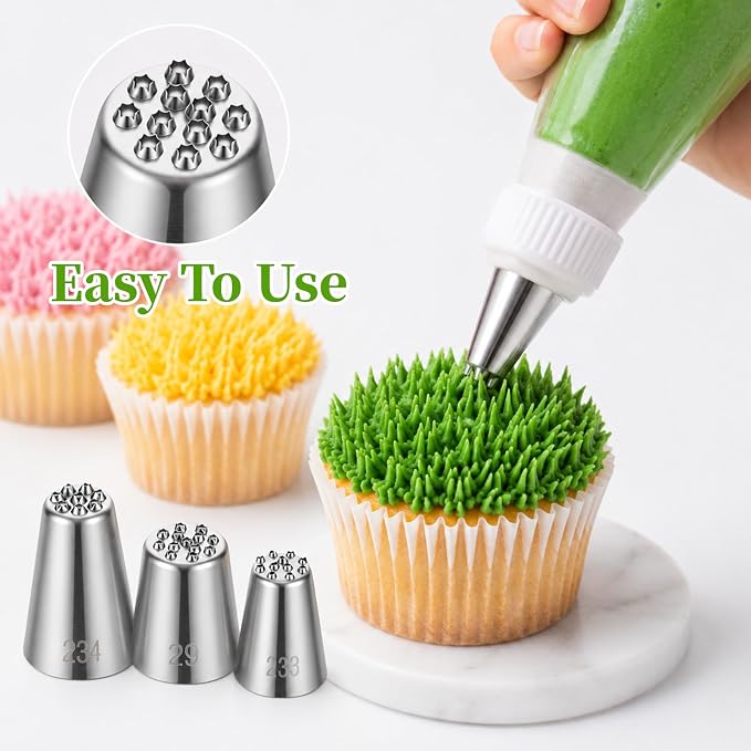 3 Pcs Grass Piping Tip for Cake Decorating Stainless Steel Frosting Icing Tip Large Icing Nozzles Tips Decoration Tool with 10 Pcs Piping Bags for Cupcakes Cookie Cake DIY Baking Buttercream Pastry