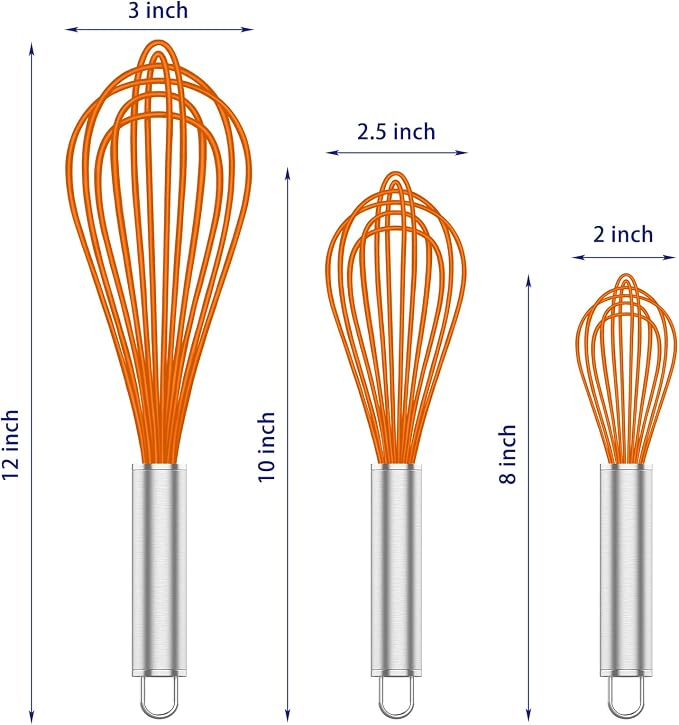 OYV Orange Silicone Whisk, Professional Whisks For Cooking Non-Scratch, Stainless Steel & Silicone Wisk, Plastic Rubber Whisk Tool For Nonstick Cookware Pans, BPA free, Silicon Wisks Set of 3