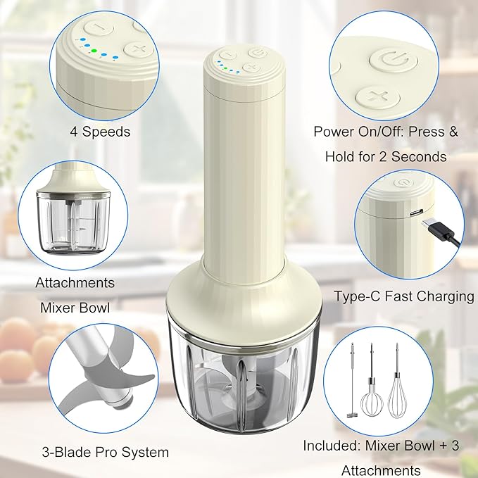 Cordless Hand Mixer MixgoII, Handheld Mixer Electric Whisk & Milk Frother, Hand Held Mini Mixers, Rechargeable Hand Mixer and Whisker, Food Processor for Cooking, Food Chopper, 4-Speed, 10Oz