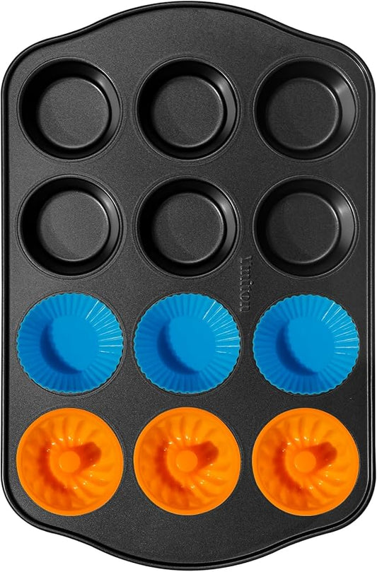 Nonstick Muffin Pan with 12 Silicone Baking Cups, Carbon Steel Muffin Tin for Muffins, Cupcakes, Egg Bites and more, Non Toxic, Easy to Clean, Dishwasher Safe, Foggy Gray