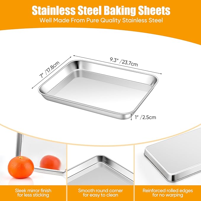 Homikit 4 Pack Baking Sheet, 9 x 7 Inches Stainless Steel Cookie Tray Set for Cooking Toasting, Mini Metal Cookie Toaster Oven Baking Pan Non Stick, Rustproof & Mirror Finish, Dishwasher Safe