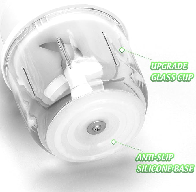 Mini Electric Garlic Chopper 300ML GLASS Food Processor Cordless | Type-C Rechargeable Mincer for Vegetables Puree, Stainless Steel Blades, BPA Free, with Scraper Splash Guard Charging Cord