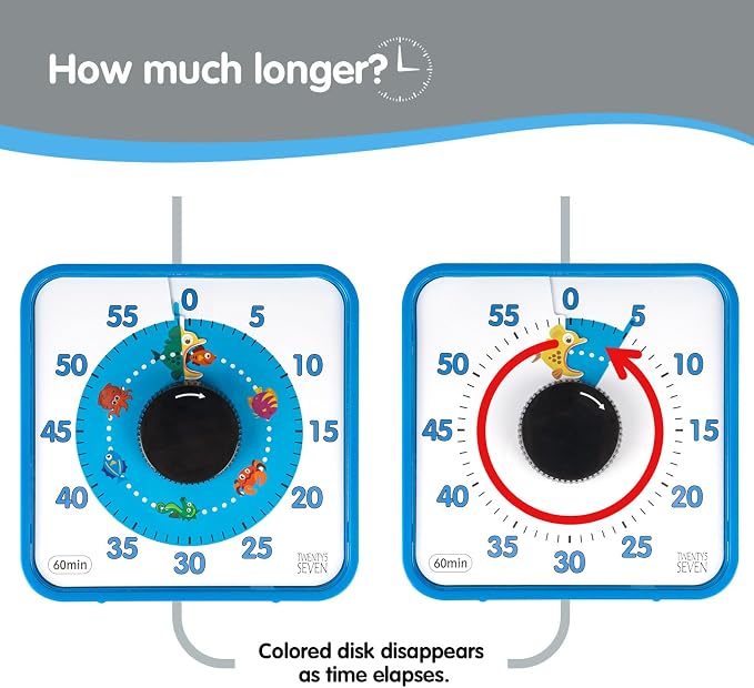 Visual Timer 7.5 inch, 60-Minute Countdown Timer for Kids Classroom Teaching Tool Office Meeting, Mechanical Countdown Clock for Exam Time Management Magnetic Kitchen Timer with Fish Pattern, Blue