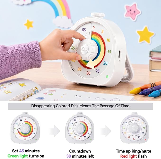 Visual Timer for Kids 60Min/12H Dual Countdown Timers with Magnetic Sticker | Rechargeable Timer with Pomodoro Mode, ADHD Time Management Tool for Classroom Kitchen Office, Silent Operation