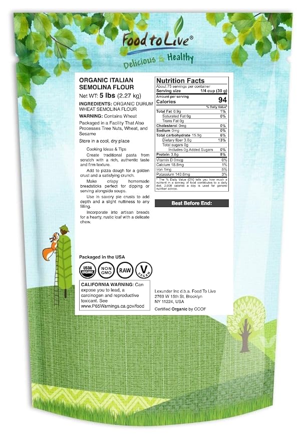 Food to Live Organic Italian Semolina Flour, 5 Pounds - Premium Durum Wheat, Perfect for Pasta and Pizza Dough, Ideal for Authentic Italian Recipes.
