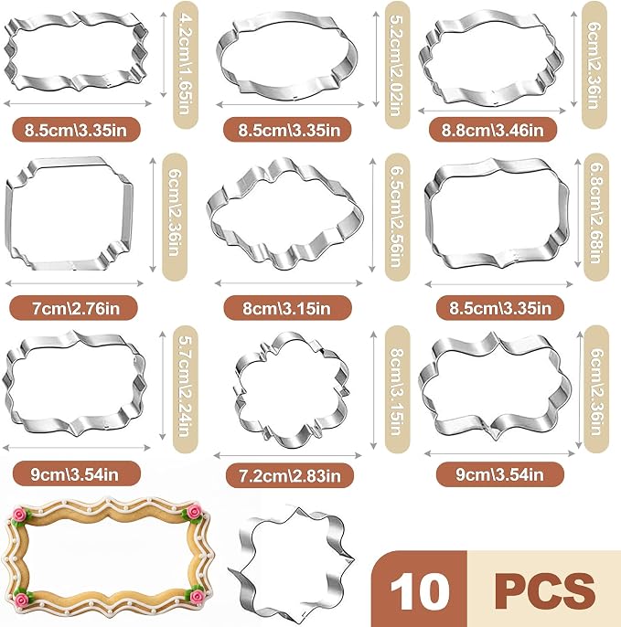 10 Pcs Plaque Frame Cookie Cutters Set Stainless Steel Geometric Shape Molds for Sugar Cookies Fondant Biscuit Baking Supplies Wedding Party Pastry Decoration Tools Clay Crafting Kit